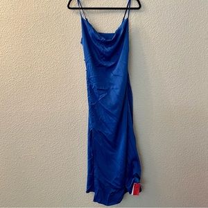 Royal Blue Solid Cowl Neck Slit Midi Dress (large)